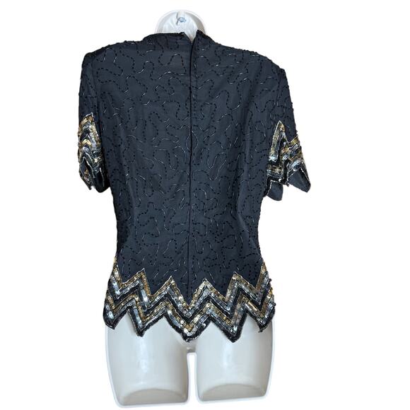 Scala Vintage Black and Gold Beaded Top Blouse M - Picture 3 of 6